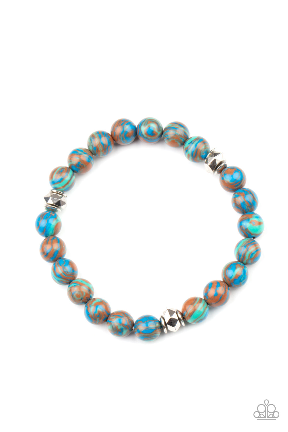 Swirling with blue, green, and brown details, earthy beads and faceted silver accents are threaded along a stretchy band around the wrist for a tranquil look.  Sold as one individual bracelet.