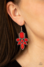 Load image into Gallery viewer, Featuring regal emerald, classic round, and tranquil teardrop shapes, a faceted collection of red beads coalesce into a vibrant frame. Earring attaches to a standard fishhook fitting.
