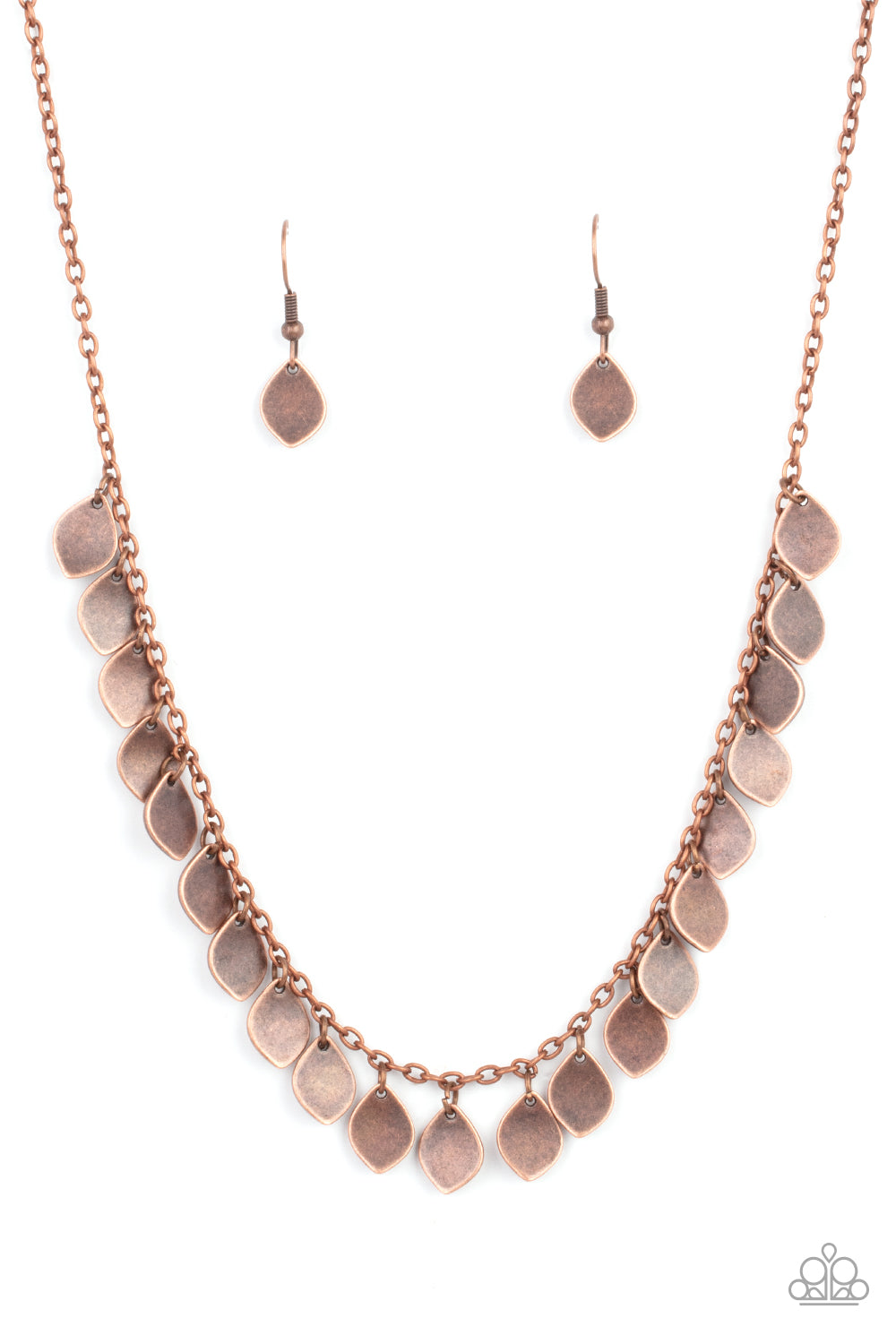 Teardrop copper discs drip from a dainty copper chain, creating a rustic fringe below the collar. Features an adjustable clasp closure.
