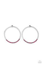 Load image into Gallery viewer, As if dipped in glitter, the bottom of a flat silver hoop is encrusted in dainty pink rhinestones for a classic shimmer. Earring attaches to a standard post fitting.  Sold as one pair of post earrings.
