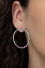 Load image into Gallery viewer, As if dipped in glitter, the bottom of a flat silver hoop is encrusted in dainty pink rhinestones for a classic shimmer. Earring attaches to a standard post fitting.  Sold as one pair of post earrings.
