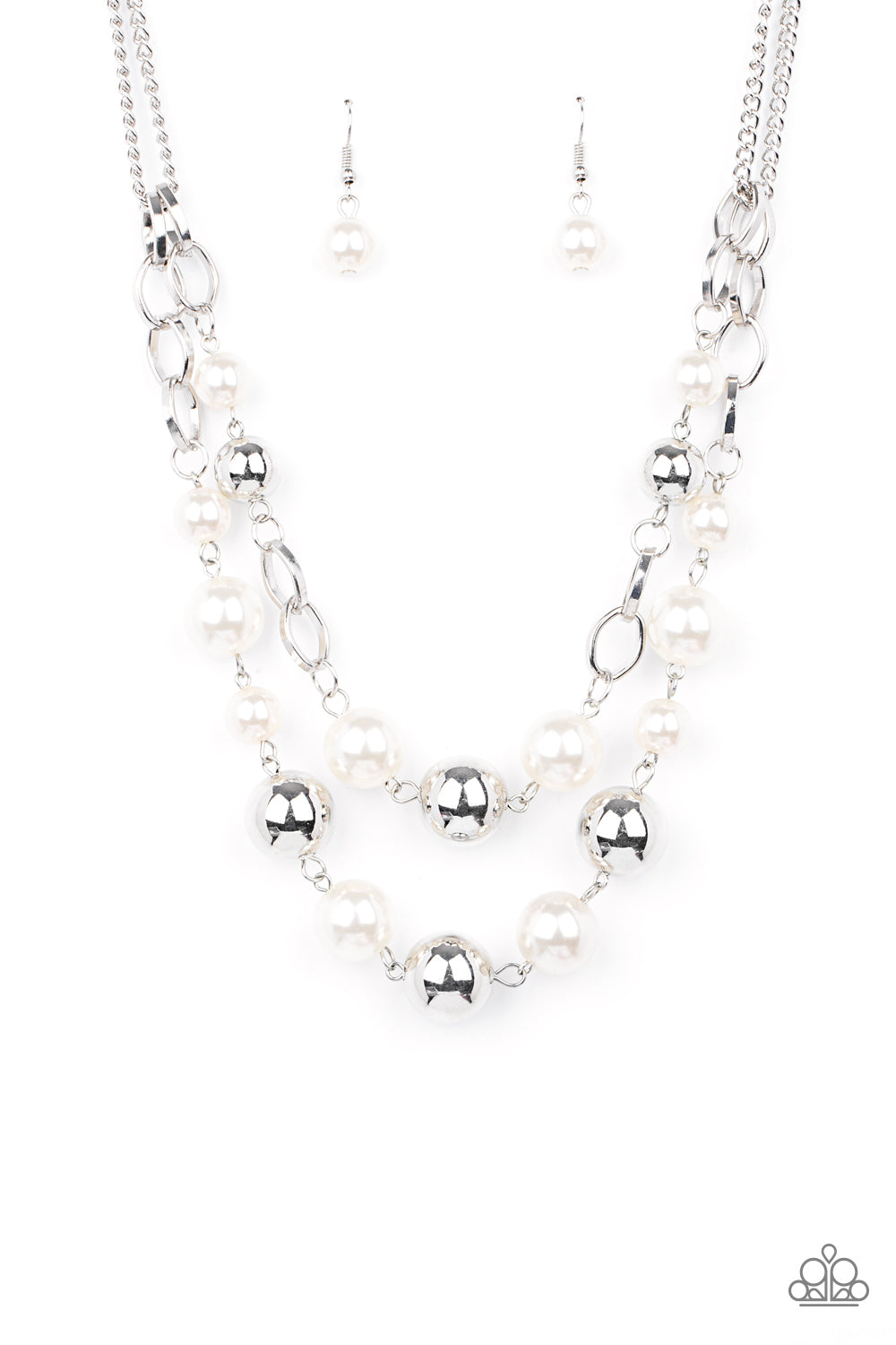 Sections of oversized silver chains, white pearls, and shiny silver beads haphazardly link into two timeless layers below the collar, creating a dramatically refined display. Features an adjustable clasp closure.