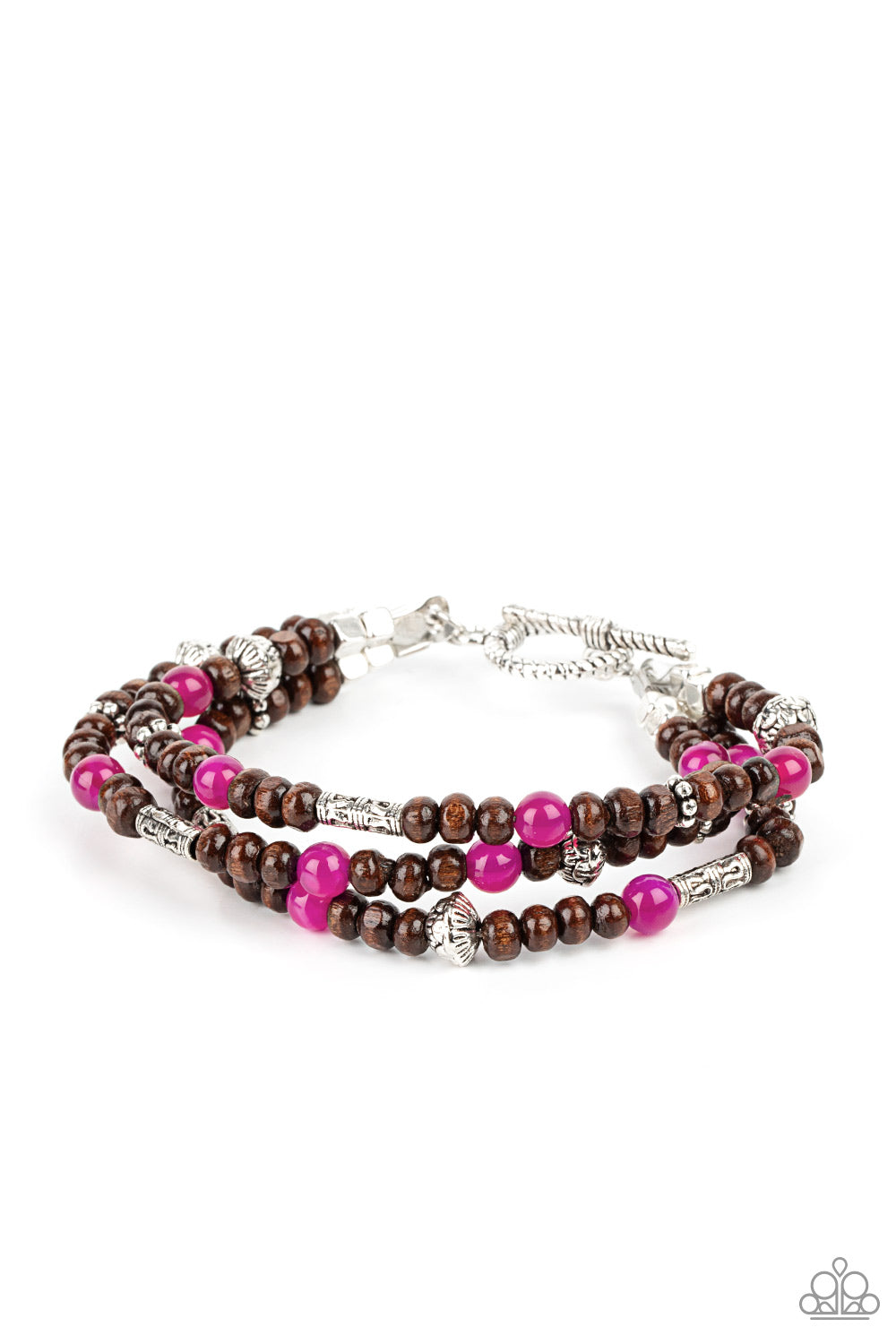 Woodsy Walkabout - Pink - Paparazzi Pink stones and ornate silver beads provide a refreshing accent to triple strands of wooden beads as they layer around the wrist in an air of earthy sophistication. Features a toggle clasp closure.