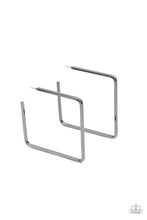 Load image into Gallery viewer, A deceptively simple square frame is tilted on point to create a geometric hoop. Its sharp angles are complemented by its rich gunmetal finish, making a lasting impression. Earring attaches to a standard post fitting. Hoop measures approximately 2&quot; in diameter.
