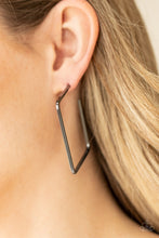Load image into Gallery viewer, A deceptively simple square frame is tilted on point to create a geometric hoop. Its sharp angles are complemented by its rich gunmetal finish, making a lasting impression. Earring attaches to a standard post fitting. Hoop measures approximately 2&quot; in diameter.
