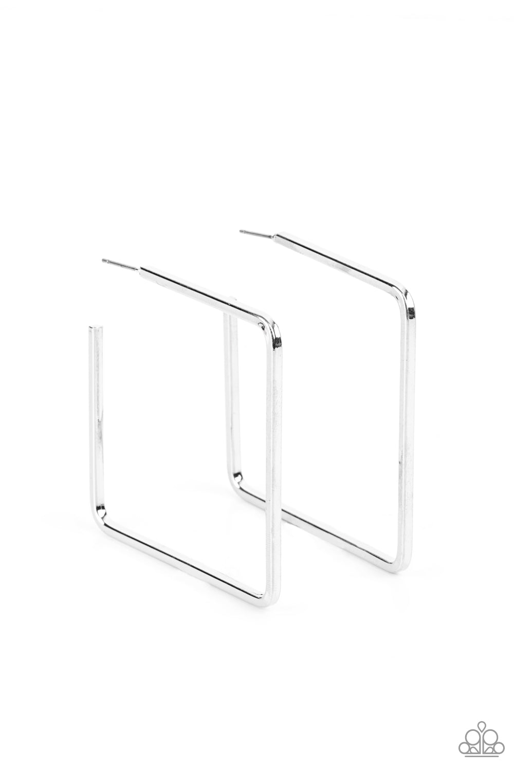 A deceptively simple square frame is tilted on point to create a geometric hoop. Its sharp angles are complemented by its shiny silver finish, making a lasting impression. Earring attaches to a standard post fitting. Hoop measures approximately 2