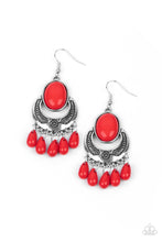 Load image into Gallery viewer, Red teardrop beads dance from the bottom of a half-moon silver frame stamped in floral detail, creating a flirty fringe. An oversized red oval bead crowns the top of the frame for a fiery pop of color. Earring attaches to a standard fishhook fitting.  Sold as one pair of earrings by Paparazzi.
