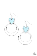 Load image into Gallery viewer, HAPPILY EVER HEARTS - BLUE - Dainty silver hoops attach to the bottom of a playful Cerulean heart frame, creating a flirtatious pop of color. Earring attaches to a standard fishhook fitting.
