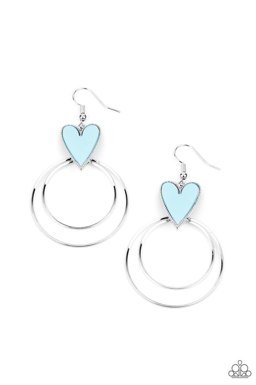HAPPILY EVER HEARTS - BLUE - Dainty silver hoops attach to the bottom of a playful Cerulean heart frame, creating a flirtatious pop of color. Earring attaches to a standard fishhook fitting.