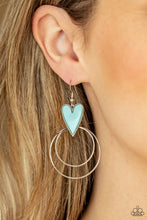 Load image into Gallery viewer, HAPPILY EVER HEARTS - BLUE - Dainty silver hoops attach to the bottom of a playful Cerulean heart frame, creating a flirtatious pop of color. Earring attaches to a standard fishhook fitting.
