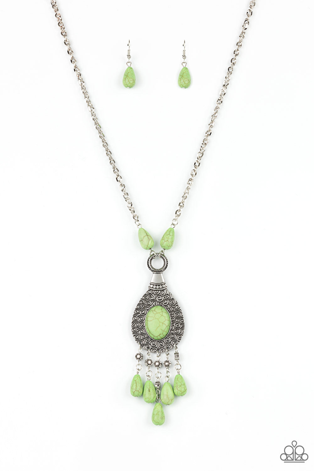 Paparazzi - Cowgirl Couture - Green - An Apple Green oval stone sits center stage surrounded by swirly designs stamped into a wide silver frame. A fringe of silver floral beads culminating in Apple Green stones swings like a pendulum at the end of a lengthened silver chain for a fashionable finish.