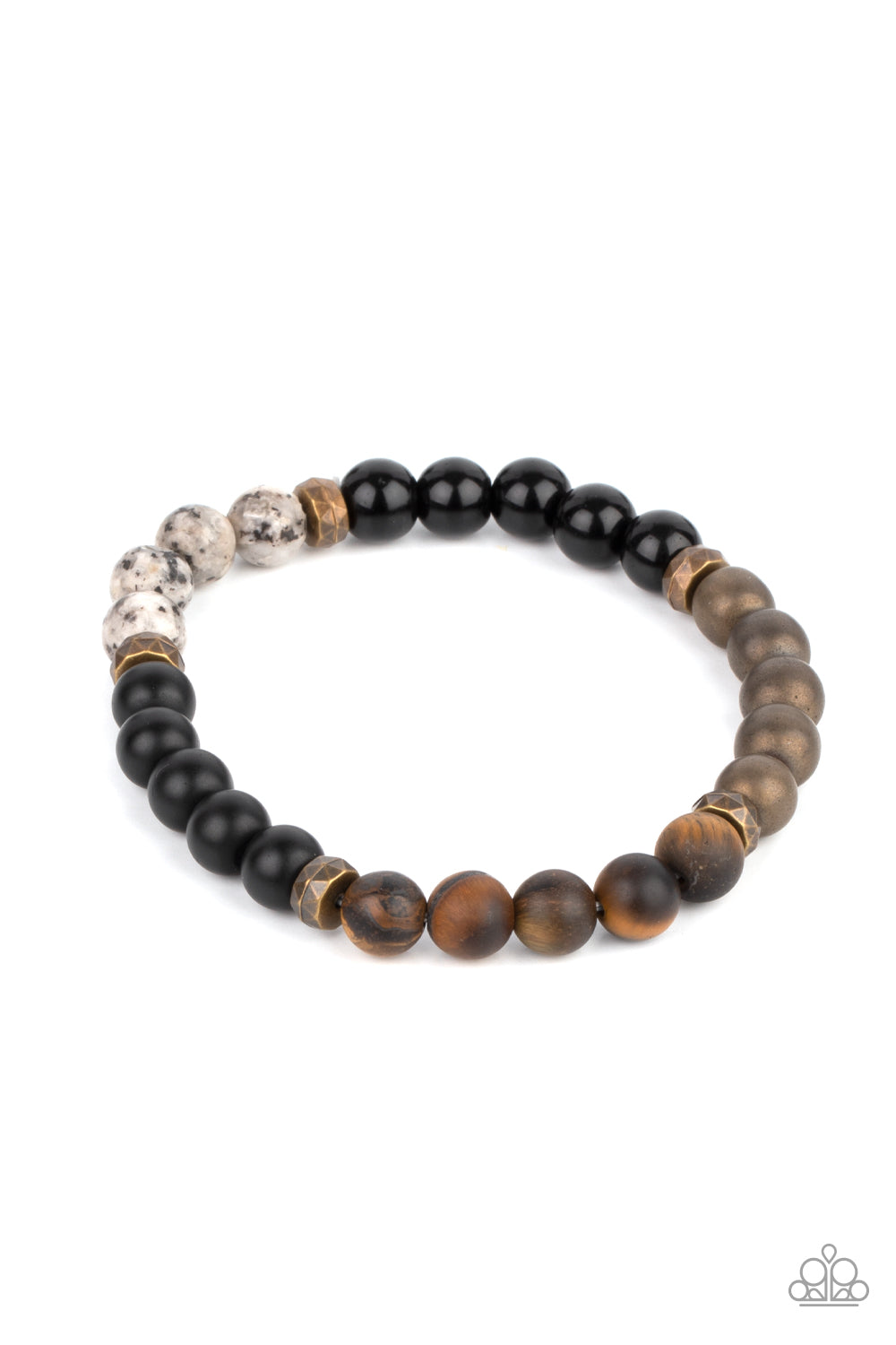 A collection of smooth round stones punctuated by faceted antiqued brass beads are threaded along a stretchy band and wrap around the wrist for an elementally earthy effect.