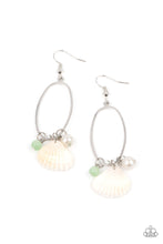 Load image into Gallery viewer, THIS TOO SHELL PASS - GREEN - A dainty white shell, a glassy Green Ash cat&#39;s eye stone bead, and a timeless white pearl glides along the bottom of an airy silver oval frame, creating a beach inspired tassel. Earring attaches to a standard fishhook fitting.
