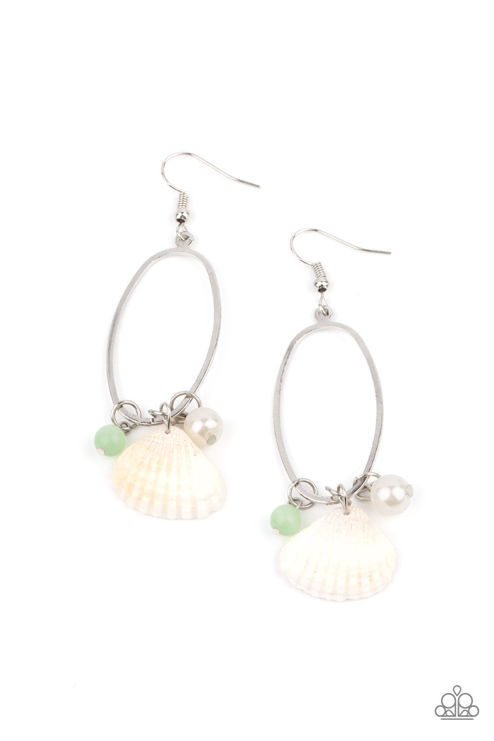 THIS TOO SHELL PASS - GREEN - A dainty white shell, a glassy Green Ash cat's eye stone bead, and a timeless white pearl glides along the bottom of an airy silver oval frame, creating a beach inspired tassel. Earring attaches to a standard fishhook fitting.