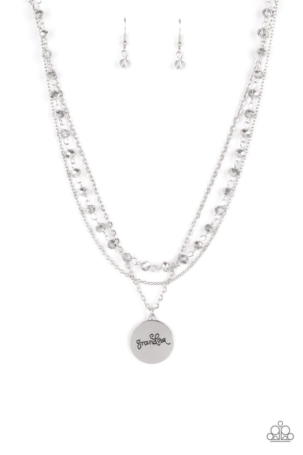 Promoted to Grandma - Silver - Paparazzi - Infused with a strand of metallic flecked hematite crystal-like beads, two dainty rows of mismatched silver chains delicately layer below the collar. Stamped in the word, 