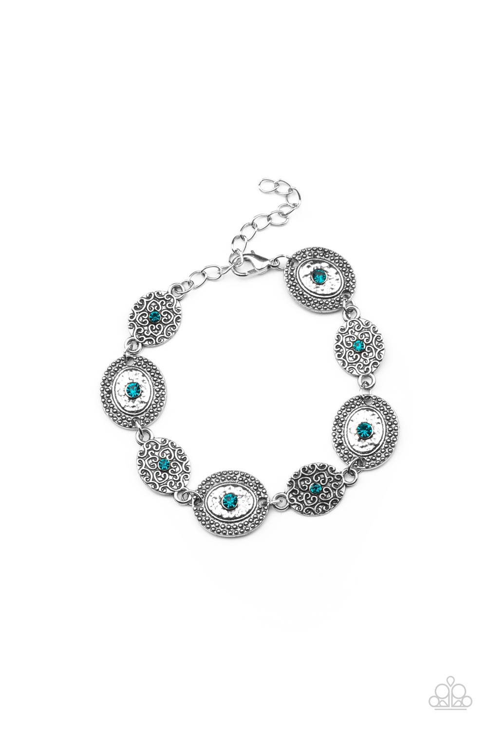 Paparazzi - SECRET GARDEN GLAMOUR - BLUE - Delicate Blue Zircon rhinestones dot the centers of engraved antiqued silver discs. The dotted textures and heart-shaped vines create a charming impression as they gracefully link around the wrist. Features an adjustable clasp closure.
