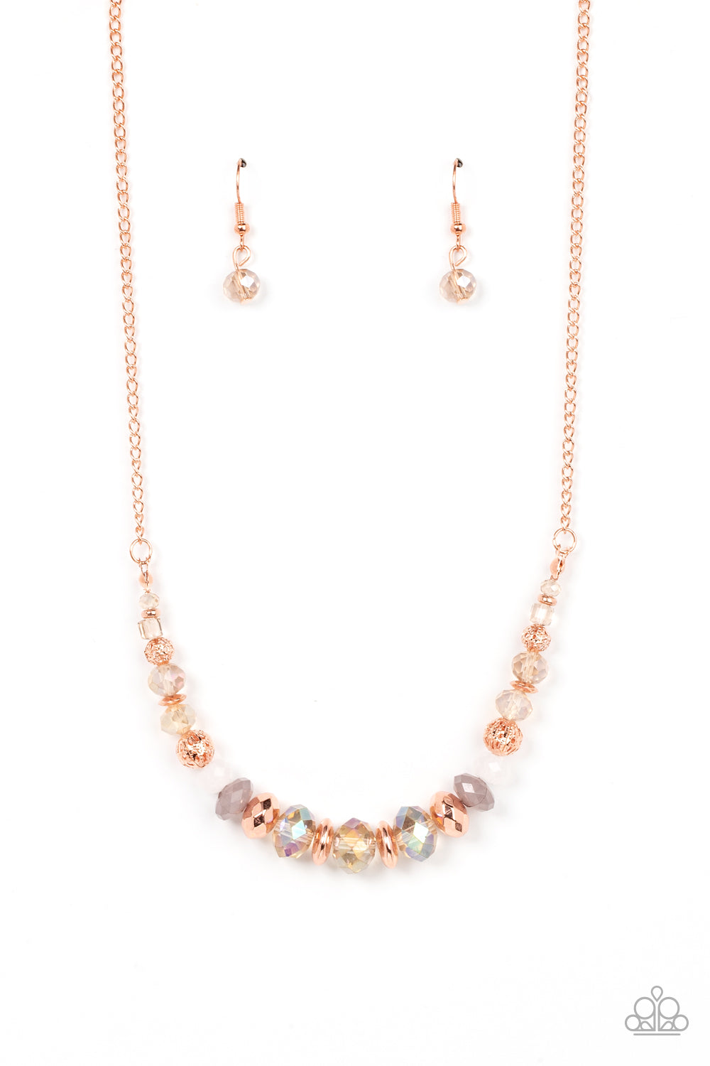 TURN UP THE TEA LIGHTS - BLUSH COPPER - Paparazzi - Varying in opacity, an enchanting collection of iridescent pink, white and champagne colored crystal-like beads are threaded along an invisible wire that is attached to a shiny blush copper chain below the collar. Mismatched blush copper beads and ornate blush copper accents are sprinkled between the glittery compilation, adding whimsy and sheen to the colorful statement piece.