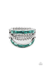 Load image into Gallery viewer, Emulating Edge - Green - Two bands of emerald cut green rhinestones flank a twisted silver bar across the finger, creating an edgy layered centerpiece.

