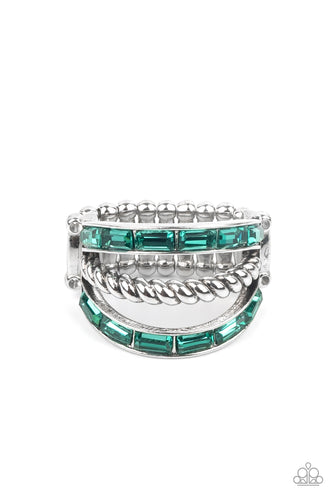 Emulating Edge - Green - Two bands of emerald cut green rhinestones flank a twisted silver bar across the finger, creating an edgy layered centerpiece.