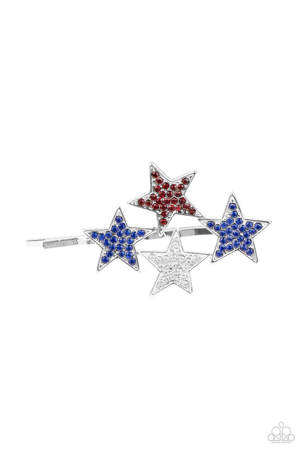 STELLAR CELEBRATION - Paparazzi - Dotted in red, white, and blue rhinestones, an explosion of stars adorns the front of a silver bobby pin for a stellar patriotic shimmer.  Sold as one individual hair clip.