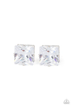 Load image into Gallery viewer, Times Square Timeless - White - Paparazzi- A stunning oversized square rhinestone, set in a classic silver pronged fitting, makes a show-stopping impact as it shines brilliantly and draws attention up to the face. Earring attaches to a standard post fitting.
