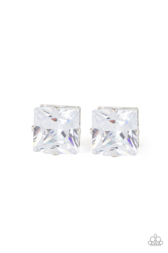 Times Square Timeless - White - Paparazzi- A stunning oversized square rhinestone, set in a classic silver pronged fitting, makes a show-stopping impact as it shines brilliantly and draws attention up to the face. Earring attaches to a standard post fitting.