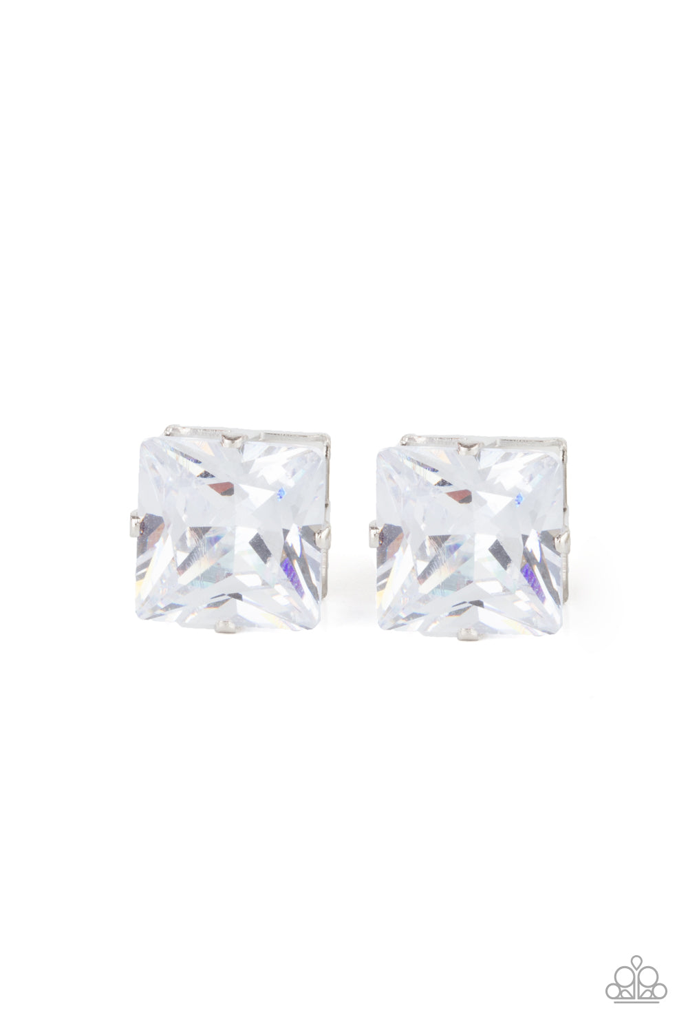 Times Square Timeless - White - Paparazzi- A stunning oversized square rhinestone, set in a classic silver pronged fitting, makes a show-stopping impact as it shines brilliantly and draws attention up to the face. Earring attaches to a standard post fitting.