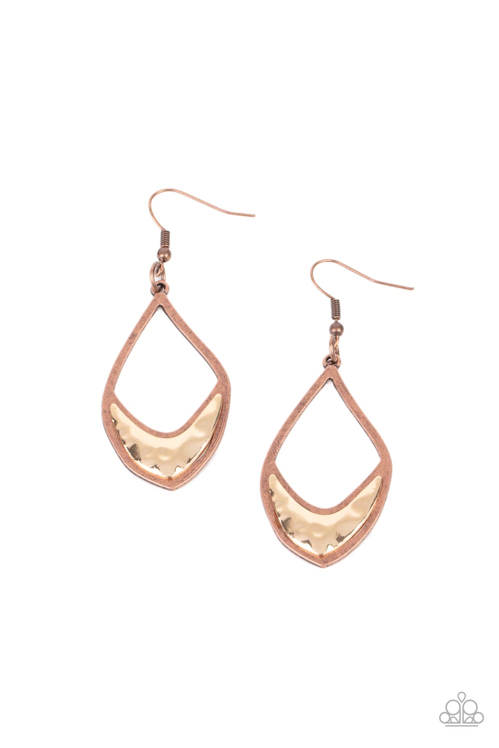 Artisan Treasure - Paparazzi - Adorned with a hammered gold geometrical accent, an asymmetrical copper teardrop frame swings from the ear for a rustic flair.