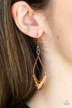 Load image into Gallery viewer, Artisan Treasure - Paparazzi - Adorned with a hammered gold geometrical accent, an asymmetrical copper teardrop frame swings from the ear for a rustic flair.
