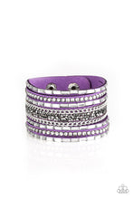 Load image into Gallery viewer, White emerald-cut rhinestones, smoky round rhinestones, and metallic prism-shaped rhinestones are sprinkled along strands of vivacious purple suede. Shimmery silver chain is added to the mix for a sassy industrial finish. Features an adjustable snap closure.

