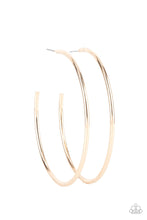 Load image into Gallery viewer, MEGA METRO - GOLD - Paparazzi - Featuring a high sheen, a polished gold hoop stands out in a mega way creating a trendy display as it wraps around the ear. Earring attaches to a standard post fitting. Hoop measures approximately 3&quot; in diameter.
