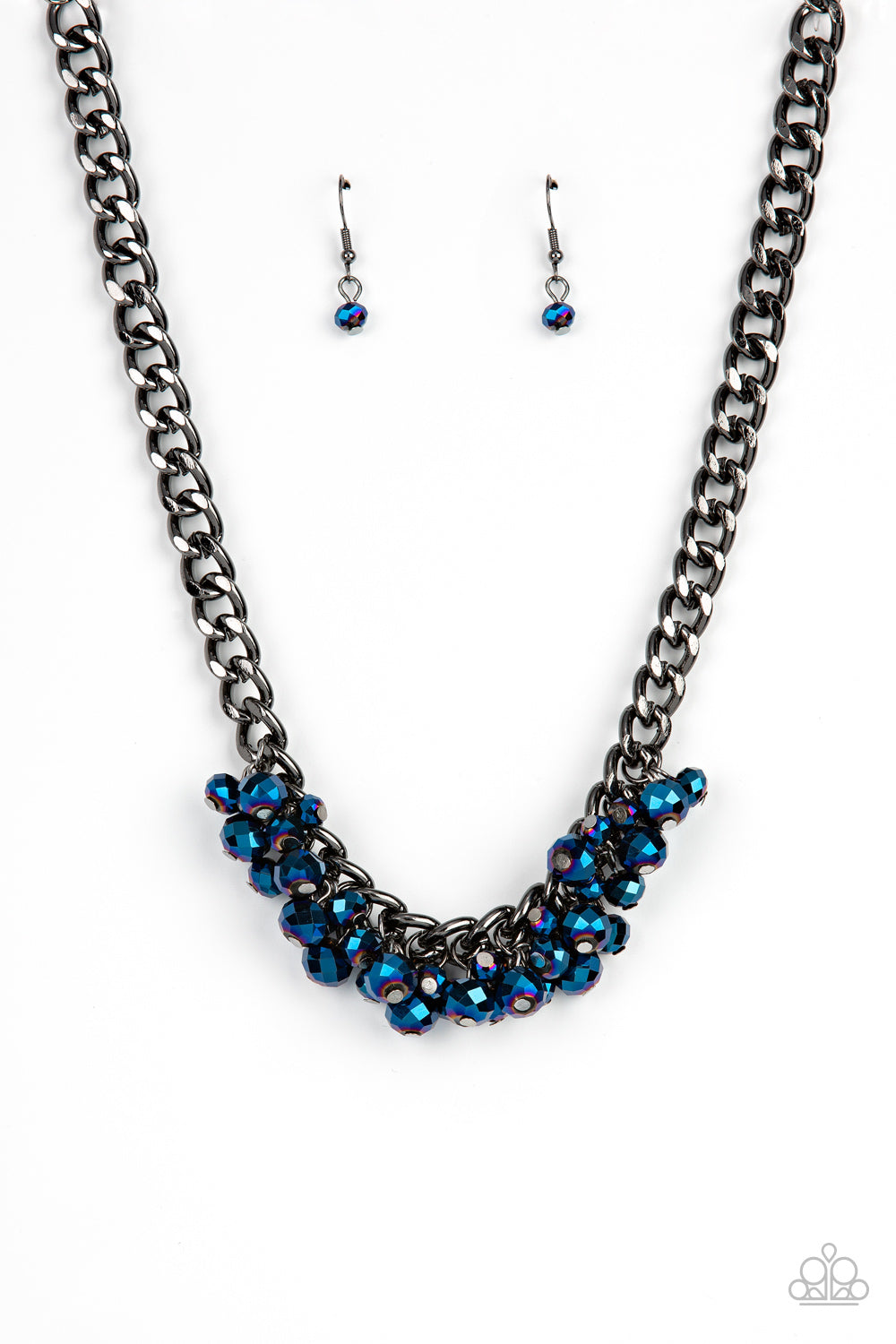 Galactic Knockout - Paparazzi - A faceted collection of metallic flecked blue beads cluster along the center of a chunky gunmetal curb chain, creating a stellar fringe below the collar.