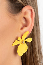 Load image into Gallery viewer, Hawaiian Heiress - Yellow - Paparazzi  - Featuring a golden studded center, asymmetrical Illuminating petals bloom into an abstract flower for a tropical inspired look.
