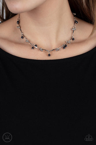 Sahara Social - Black - Paparazzi - Pairs of dainty silver beads and black stone beads dangle between faceted silver bars that interconnect around the neck, creating an earthy fringe.\