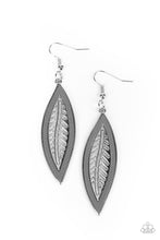 Load image into Gallery viewer, Paparazzi - Leather Lagoon - Silver - Bordered in a gray leather trim, an airy silver leaf frame swings from the ear for a wild fashion.
