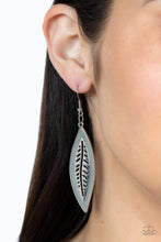 Load image into Gallery viewer, Paparazzi - Leather Lagoon - Silver - Bordered in a gray leather trim, an airy silver leaf frame swings from the ear for a wild fashion.
