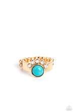 Load image into Gallery viewer, Paparazzi - Havasu Haven - Gold - Daintily crowned in a curved row of opaque white rhinestones, a round turquoise stone is pressed into the center of a dainty gold band, resulting an enchantingly earthy centerpiece atop the finger.
