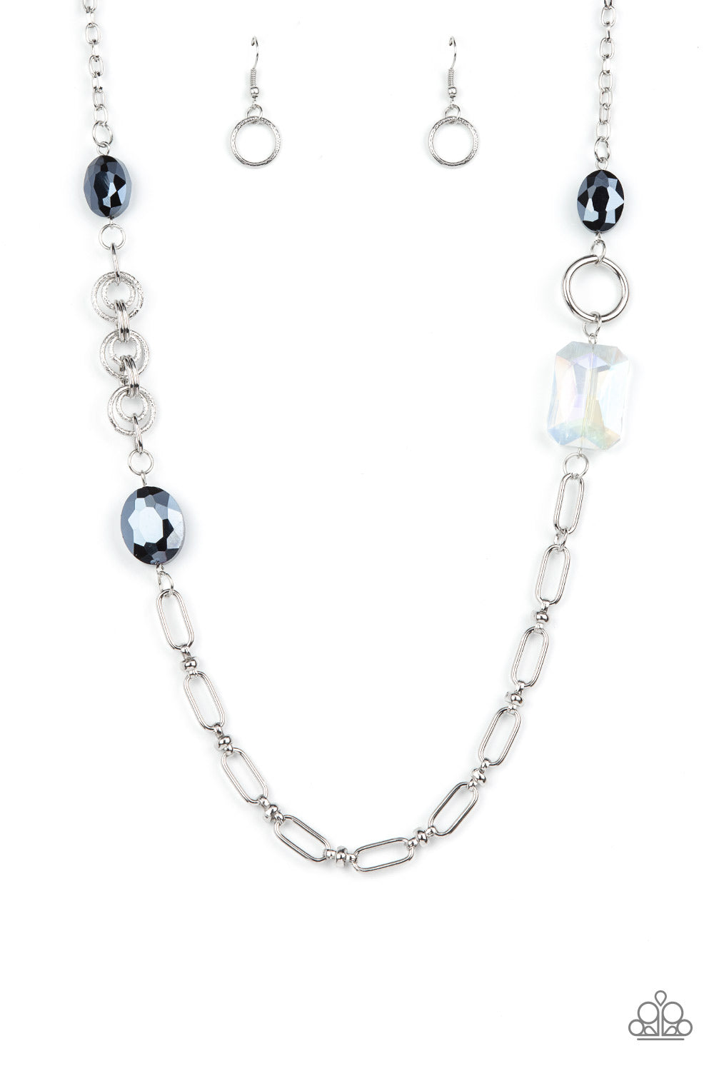 Famous and Fabulous - Blue - Paparazzi - A mismatched assortment of oval, round, textured, and silver hoops haphazardly link into a chaotic chain below the collar. Featuring oval and emerald style cuts, oversized metallic blue and iridescent gems sporadically adorn the chain for a glitzy finish.
