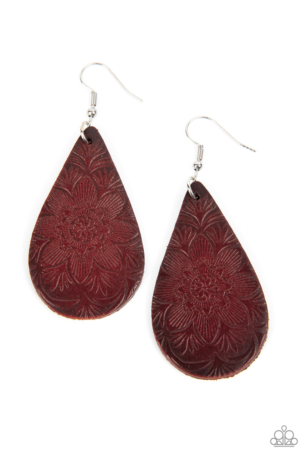 Paparazzi - Subtropical Seasons - Brown - Embossed in a tropical floral pattern, a distressed brown leather teardrop swings from the ear for a whimsically rustic flair.