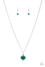 Load image into Gallery viewer, Gracefully Gemstone - Green - Paparazzi - A silver triangle frame tops a triangular cut green cat&#39;s eye stone pendant at the bottom of a dainty silver chain, resulting in a graceful gemstone pendant below the collar.
