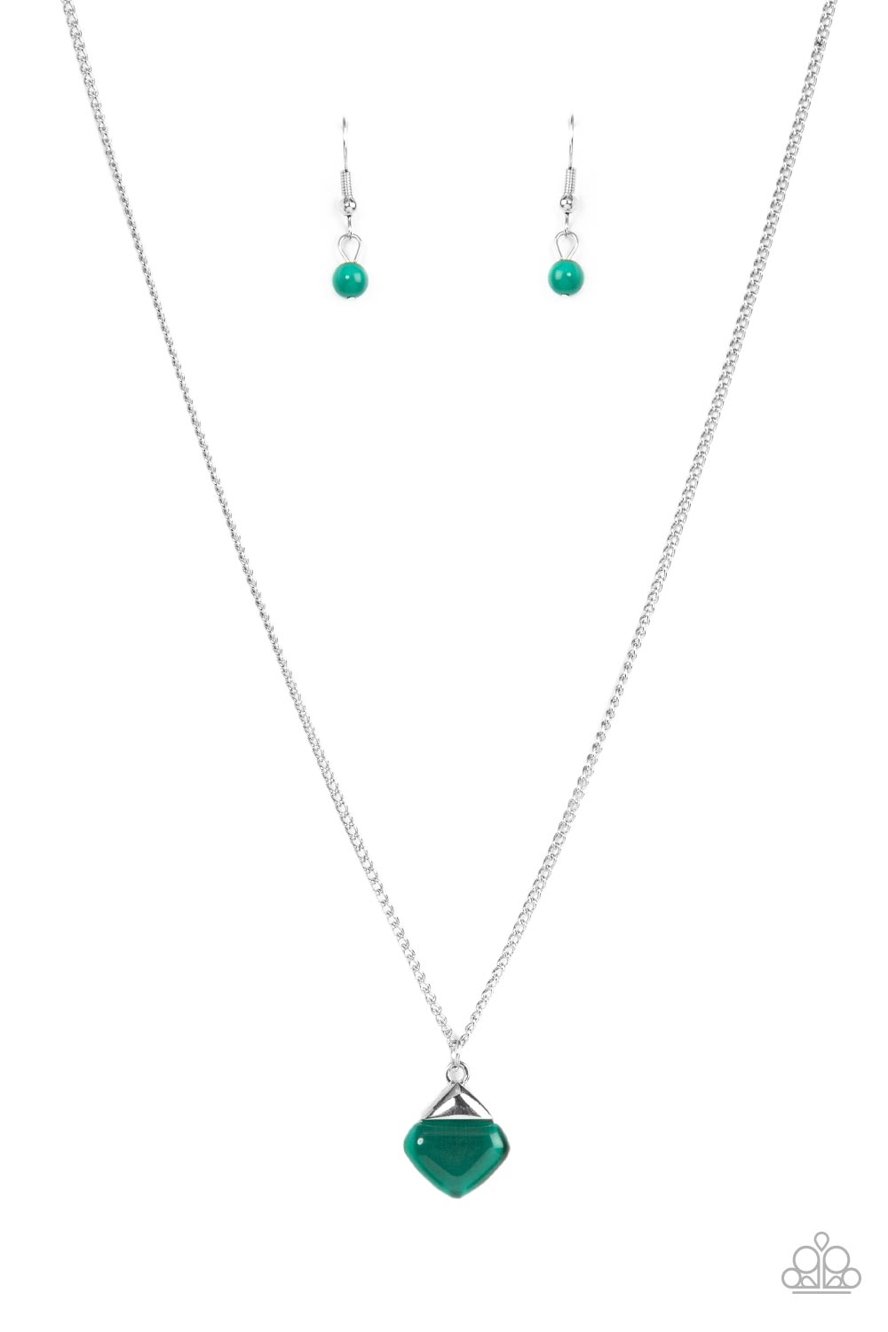 Gracefully Gemstone - Green - Paparazzi - A silver triangle frame tops a triangular cut green cat's eye stone pendant at the bottom of a dainty silver chain, resulting in a graceful gemstone pendant below the collar.