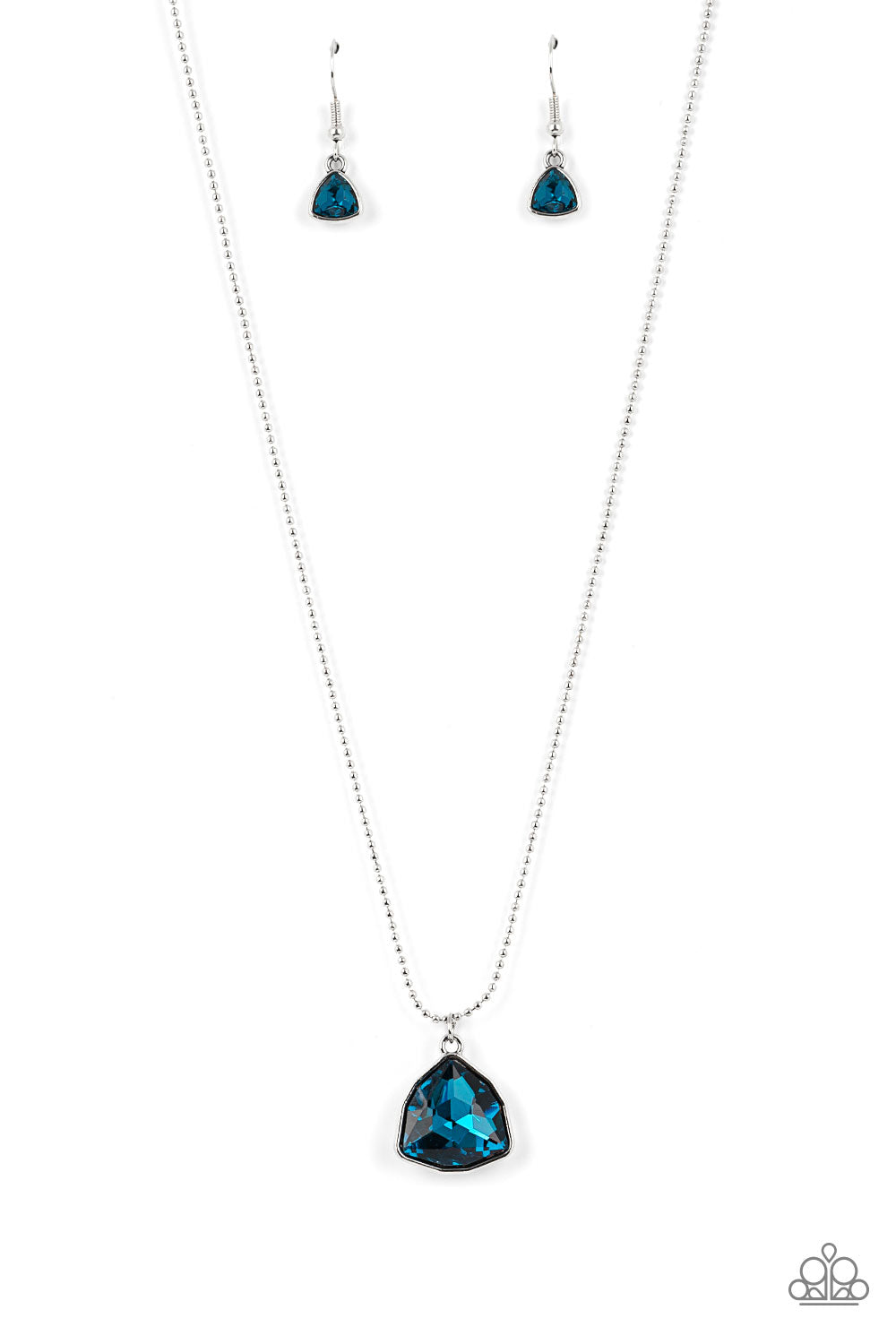 Galactic Duchess - Blue - Paparazzi - A faceted asymmetrical blue gem is encased in a sleek silver frame at the bottom of a silver popcorn chain, creating a stellar pendant below the collar.
