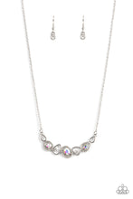 Load image into Gallery viewer, Celestial Cadence - Multi-Iridescent -Paparazzi - An incandescent assortment of shiny silver frames, dainty white rhinestones, and oversized iridescent gems delicately coalesce into a statement-making sparkle below the collar.
