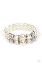 Load image into Gallery viewer, Paparazzi - Timelessly Tea Party - White - Held together by white rhinestone encrusted silver frames, a stretchy pair of bubbly pearl bracelets are infused with white rhinestone encrusted silver rings, iridescent crystal-like beads, and oversized white pearls for a timeless finish.
