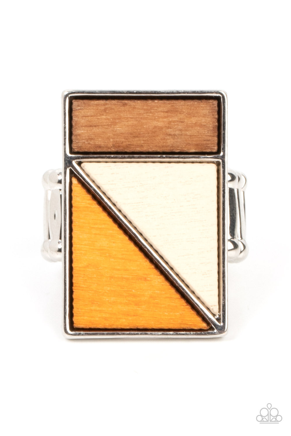 Paparazzi - Happily EVERGREEN After - Orange - Featuring natural white, orange, and brown finishes, triangular and rectangular wooden frames stack into a geometrically appealing centerpiece atop the finger.