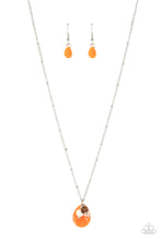 Load image into Gallery viewer, Cherokee Canyon - Orange - Paparazzi  An earthy cluster of wooden, crystal-like, and quartz stone beads joins an enchanting orange stone teardrop at the bottom of a dainty silver satellite chain, resulting in a tranquil pendant below the collar.
