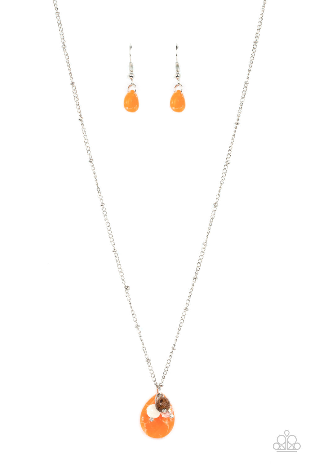 Cherokee Canyon - Orange - Paparazzi  An earthy cluster of wooden, crystal-like, and quartz stone beads joins an enchanting orange stone teardrop at the bottom of a dainty silver satellite chain, resulting in a tranquil pendant below the collar.