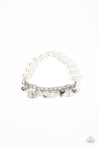 Paparazzi - Adorningly Admirable - White - Mismatched silver beads, white pearls, crystal-like accents, gems and heart charms dance from a section of silver chain that attaches to a stretchy band of white pearls around the wrist for a flirtatious sparkle.