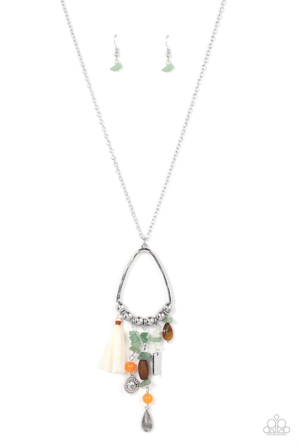 Listen to Your Soul - Green - Paparazzi - Infused with a multicolored collection of natural stone beads and pebbles, stacks of textured silver charms and mismatched wooden beads create earthy tassels at the bottom of a silver beaded teardrop frame. Enhanced with a shiny white threaded tassel, the whimsical fringe swings from the bottom of an extended silver chain.
