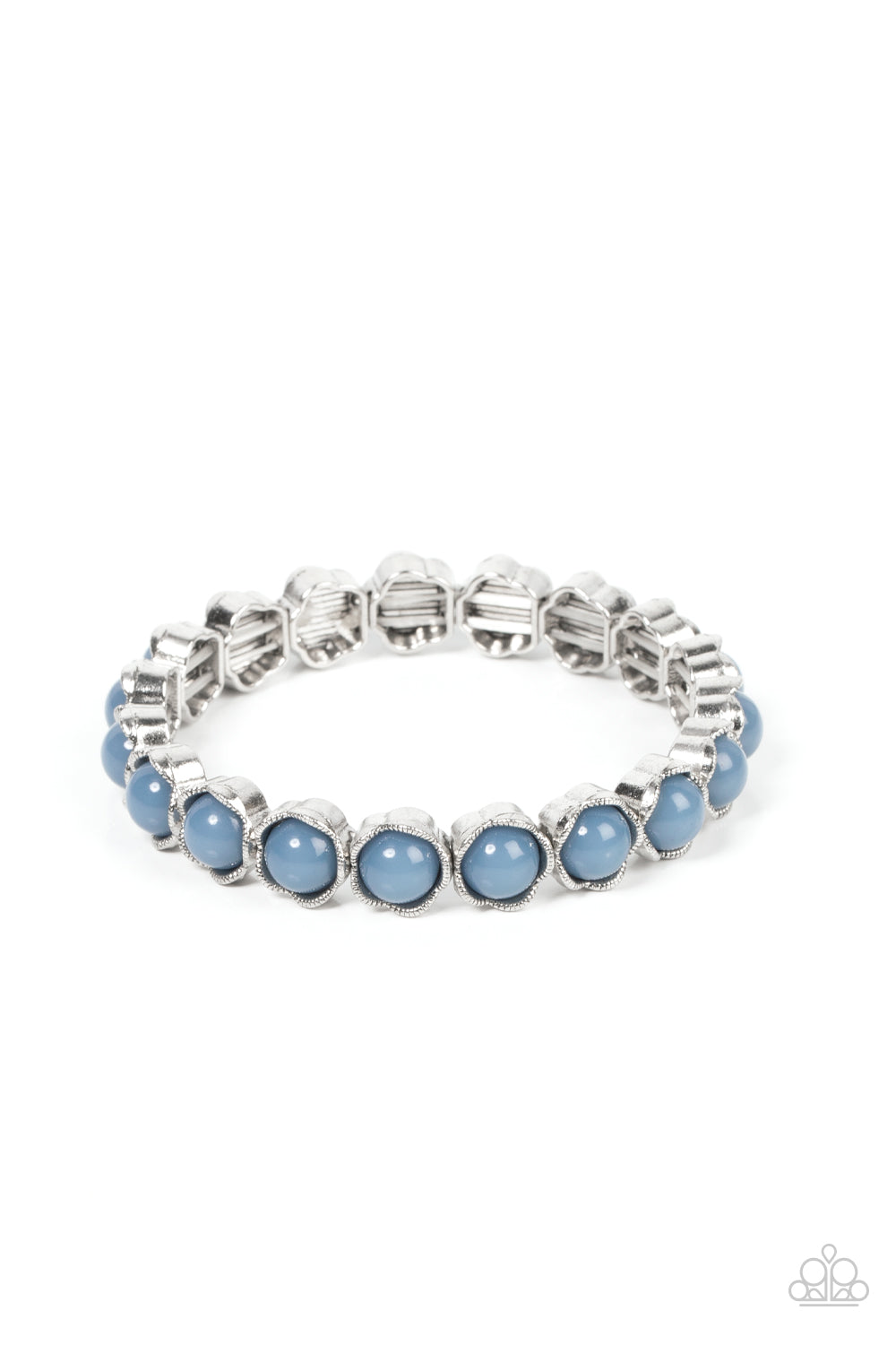 Paparazzi - Lets be Buds - Blue - Textured silver petals fold around dewy Spring Lake beads along stretchy bands, resulting in a flowery pop of color around the wrist.